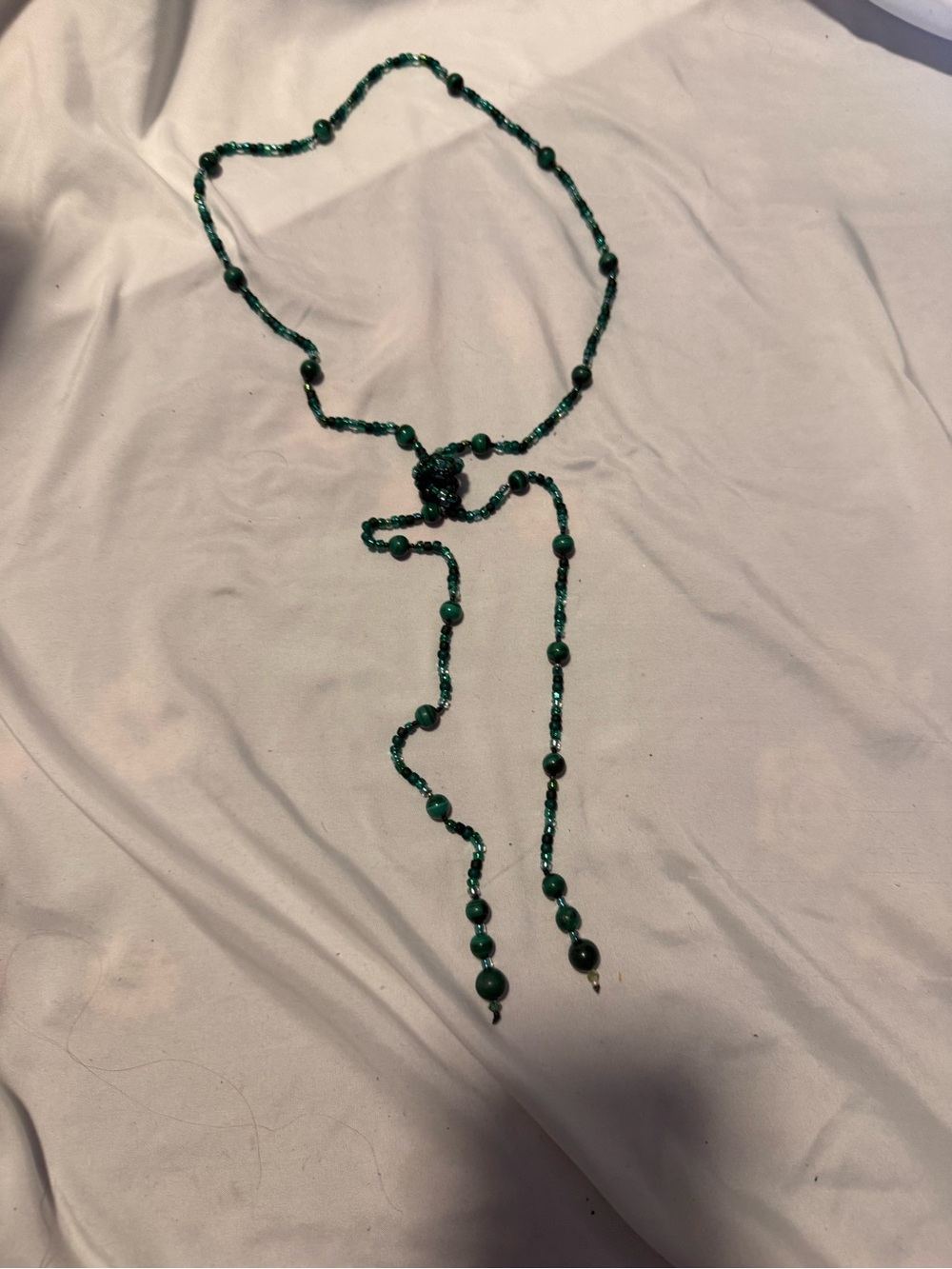 Vintage Long Green Glass Bead Lariat Wrap Necklace Knot Style Tassel 60" - Picture 5 of 8